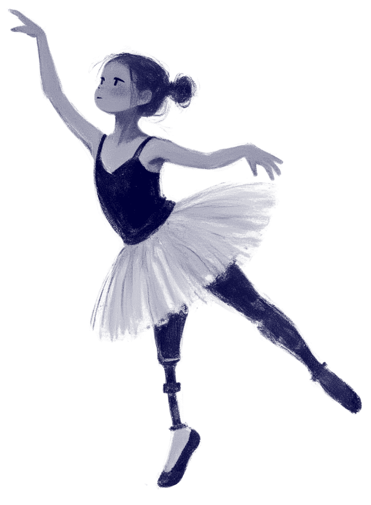Czarno-biała ilustracja młodej baletnicy z protezą nogi, balansującej w eleganckiej pozie