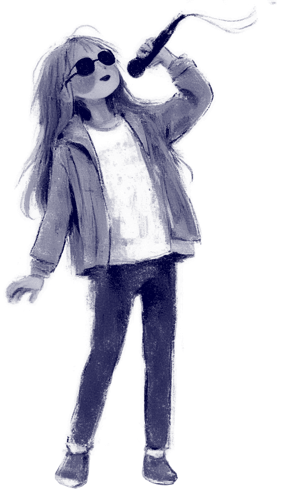 Czarno-biała ilustracja śpiewającej niewidomej dziewczynki 